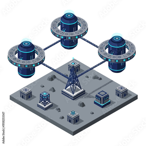 Isometric futuristic industrial complex with three interconnected cylindrical towers and a central communication tower on a barren, rocky landscape.