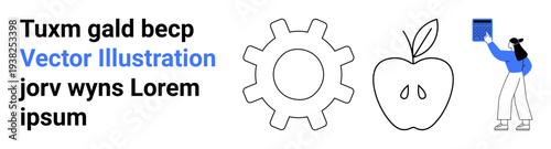 Technology design, education resources, health, innovation, workplace visuals, modern concepts. Gear, apple and person interacting with a book. Technology design and education resources concept