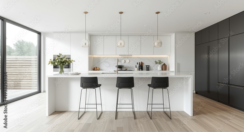 Fototapeta premium Bright minimalist modern kitchen with island and sleek high chairs