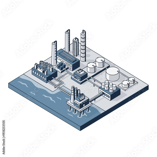 Isometric illustration of an industrial complex with oil rigs, refineries, storage tanks, and pipelines situated near a body of water.