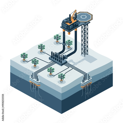 Isometric illustration of an offshore oil and gas production platform with subsea infrastructure and trees on the surface.