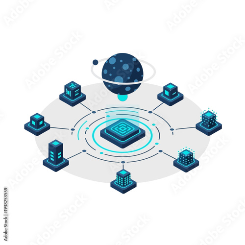 Abstract representation of a decentralized network system with a central hub connected to multiple nodes, orbiting a planet.