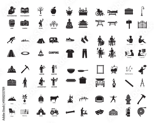 A collection of various camping and outdoor activity icons in silhouette mode