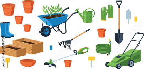 Gardening Tools Cartoon Collection with Wheelbarrow, Lawn Mower, Watering Can, Pots and Garden Equipment Vector Set
