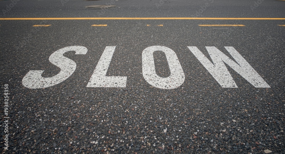Fototapeta premium Asphalt surface with large Slow traffic advisory in English