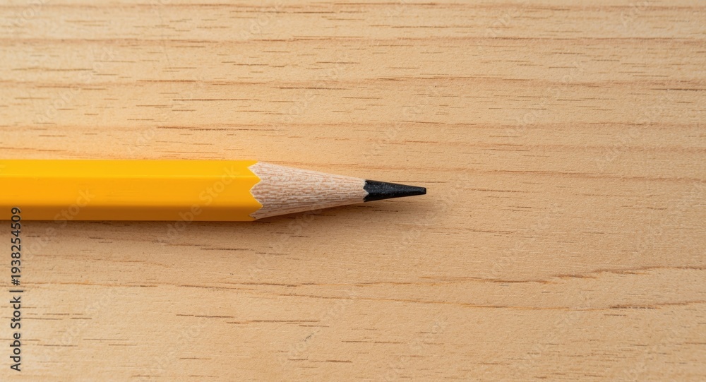 Obraz premium Detailed shot of a sharpened yellow pencil on a natural grain wood surface
