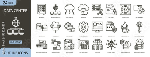 Data center icons set showing servers, storage systems, cloud computing, network infrastructure, database security and digital information management.