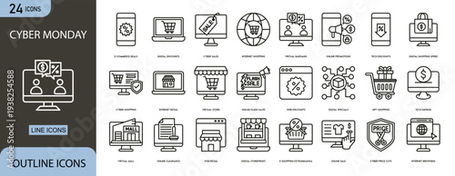 Cyber Monday icons set representing online shopping deals, discount sales, digital commerce, promotion, shopping cart and seasonal marketing campaigns.