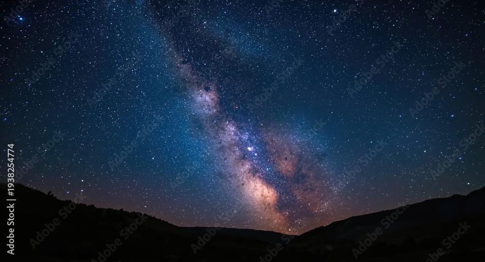 Fototapeta premium Cosmic summer night scene showcasing blue Milky Way and dazzling stars above hills