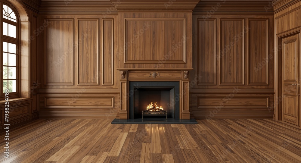 Obraz premium Elegant classic wood room with panelled walls and a warm fireplace on polished hardwood floor mockup