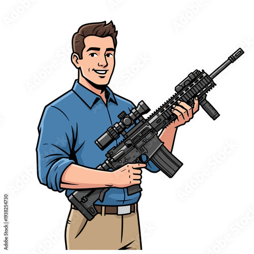 Man Holding Rifle with Scope, Casual Attire, Confident Pose