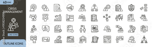 Crisis management icons set showing risk control, emergency response, problem solving, leadership, decision making and organizational recovery planning.