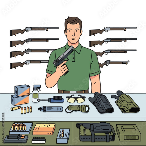 Man holding handgun with firearms, ammunition, and accessories on table