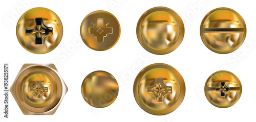 Screw head collection - golden bolt tops and metal rivets in realistic 3D style. Steel pins with hexagon caps, chrome hardware icons, rusty nail designs and copper screws for industrial illustration.