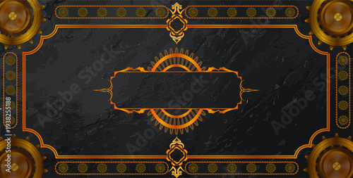Elegant steampunk style banner with golden mechanical gears and decorative frame on dark marble texture background, perfect for vintage technology themed design.
