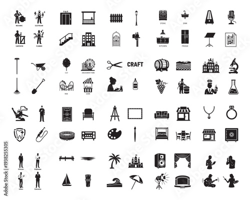 A collection of various black silhouettes of objects and people on a white background silhouette
