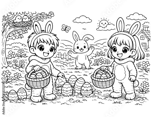 Easter Egg Hunt Scene Coloring Page for Kids | Cute Bunny and Children Searching Eggs, Spring Holiday Black and White Outline Printable Coloring Activity for Preschool Kindergarten Classroom