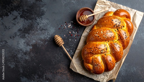 Braided challah bread beside honey on dark stone background with pink salt for Jewish holiday celebration