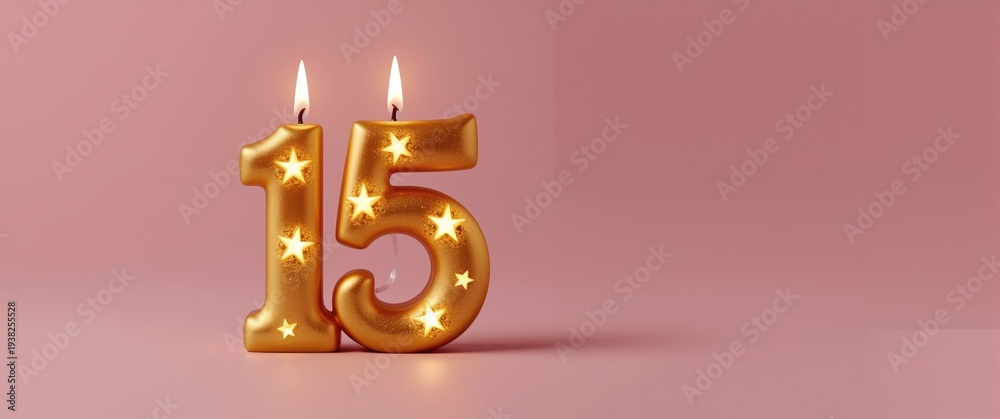 Obraz premium Elegant gold candle shaped as number 15 with bright stars on a subtle pink backdrop