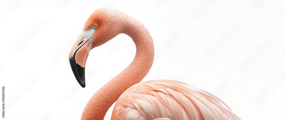 Naklejka premium Elegant side view of a flamingo featuring soft pink feathers against a white backdrop