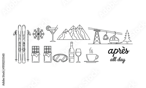 Ski resort apres ski all day illustration with mountains and drinks