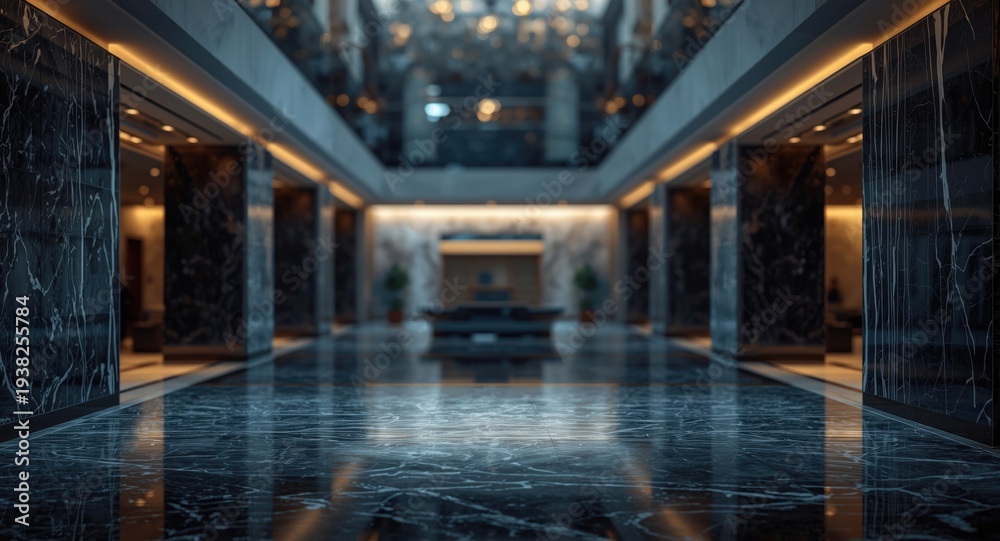 Fototapeta premium Contemporary hotel atrium with marble backdrop and ambient cool bokeh lighting for refined design background