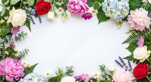Vibrant floral frame with roses, peonies, and hydrangeas on white background
