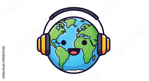 Smiling Earth Illustration with Headphones, Global Music Concept, Cartoon Style, Environmental Awareness, Worldwide Harmony