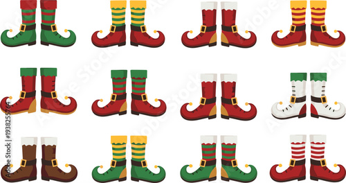 Christmas Elf Shoes and Striped Socks Cartoon Collection with Festive Holiday Costume Boots Vector Illustration Set