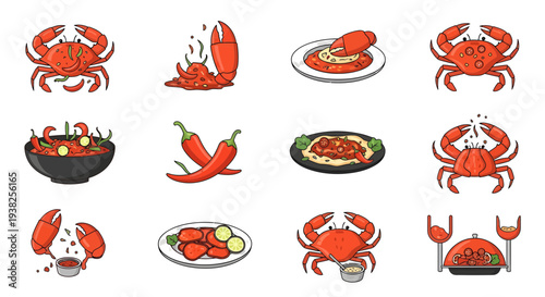 Chili Crab Illustration Set, Singapore Seafood Cuisine Vector Icons