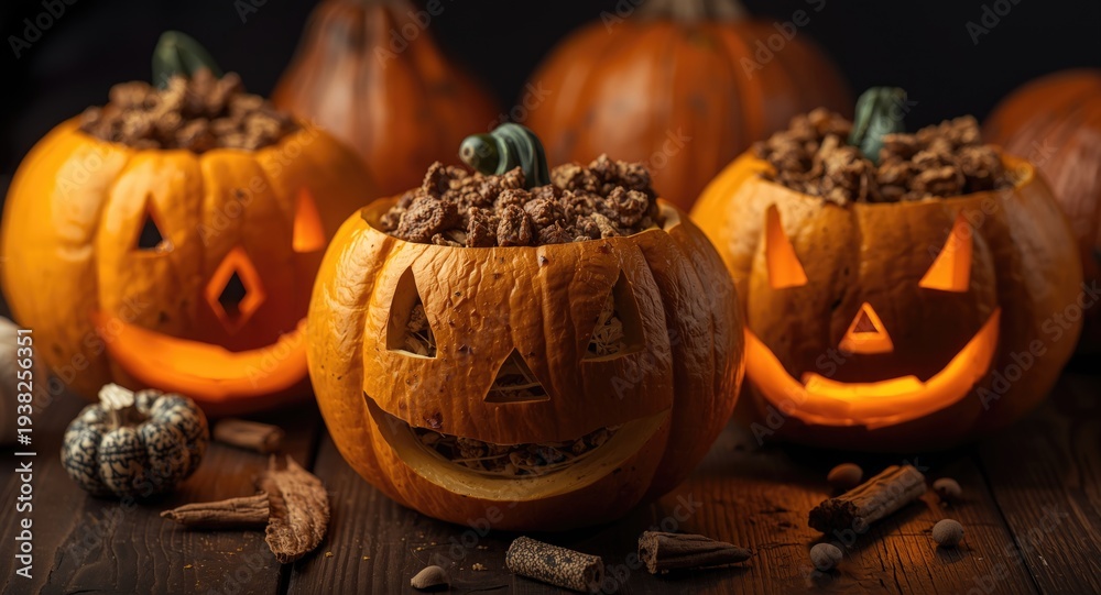 Obraz premium Creative jack o lanterns loaded with spiced ground meat stuffing