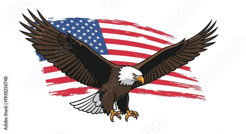 Majestic Eagle Soaring in Front of the American Flag, Symbolizing Freedom and Patriotism