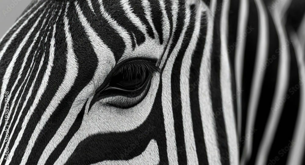 Fototapeta premium Close up of a zebra head with focused eye and blurred stripes in monochrome