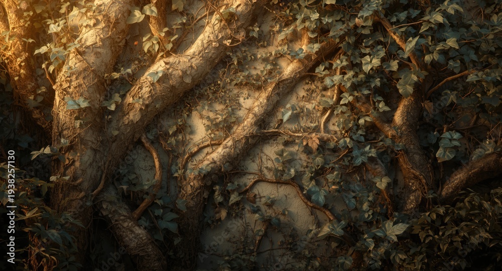 Fototapeta premium Artistic nature backdrop featuring textured climbing vines and leafy abstract tree forms
