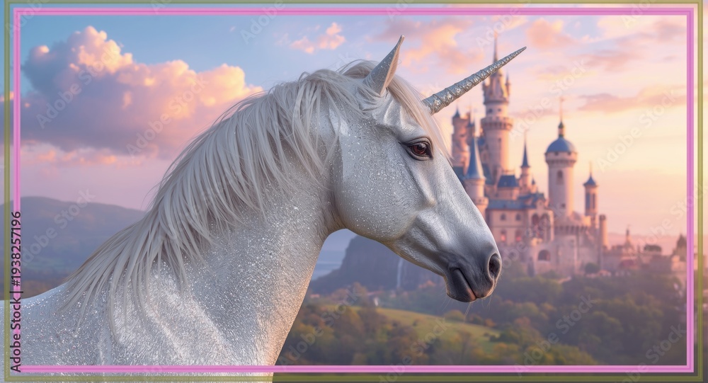 Naklejka premium Majestic unicorn paired with magical castle border in 2D art