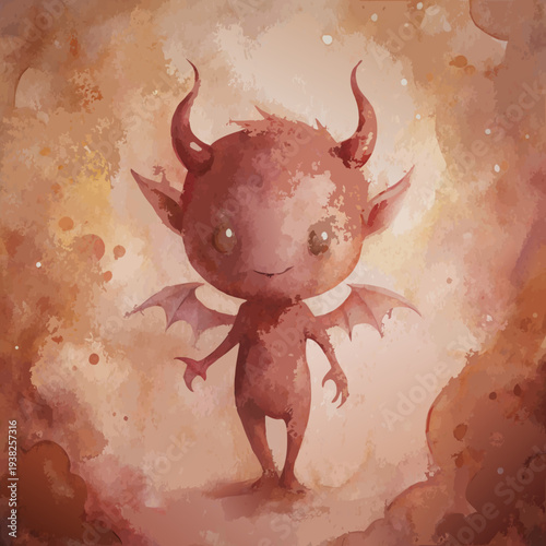 A cute cartoon devil with horns and wings stands alone