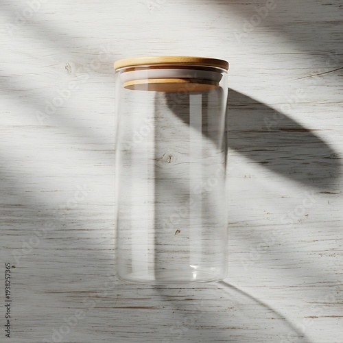 Modern empty glass jar with bamboo lid on white wooden textured background