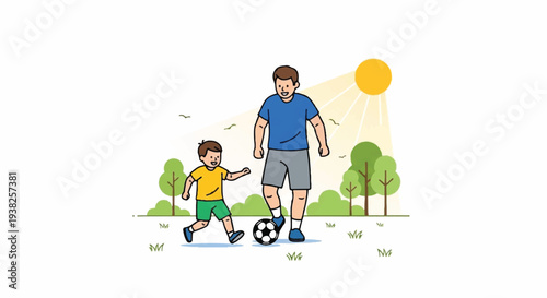 Father and son playing soccer together in a sunny outdoor environment