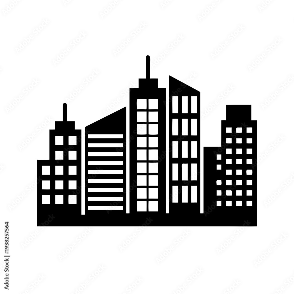 Obraz premium Black silhouette of modern city skyline with tall buildings.