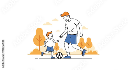 Father and son playing soccer together in an autumn park with trees and a clear sky