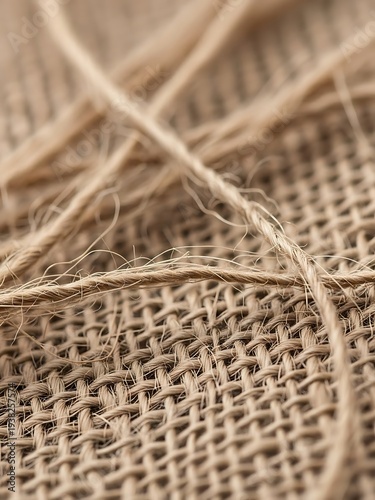 Natural jute twine entwined on rustic burlap fabric, macro image
