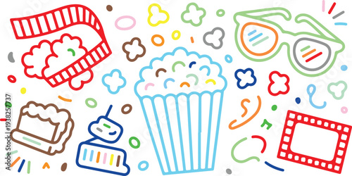 colorful movie and cinema icons and objects with popcorn bucket and 3d glasses isolated on white background