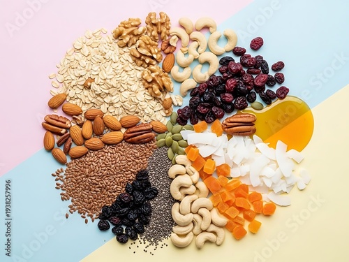 Nutritious mix of nuts seeds fruits oats and honey concept