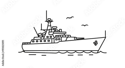 Simple Line Drawing of Navy Ship.