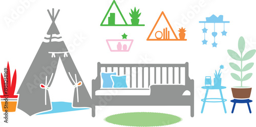 Colorful nursery room with teepee couch plants and decorations