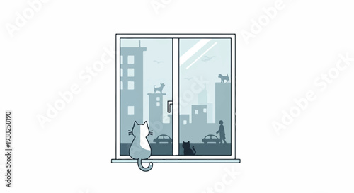 A small cat stands on a windowsill gazing out at the cityscape with tall buildings and vehicles below