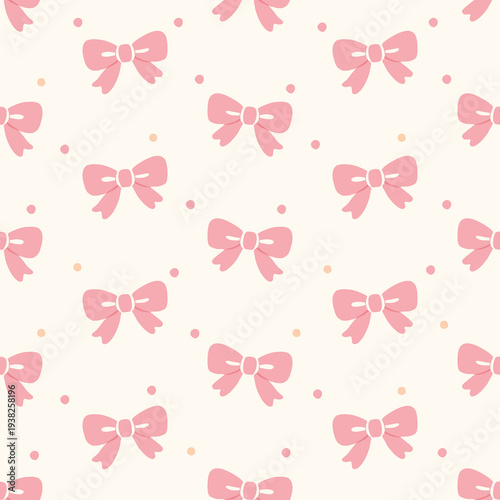 Pink bow seamless pattern with cute ribbon shapes and polka dots on beige background feminine repeating design for fabric textile wallpaper wrapping paper.