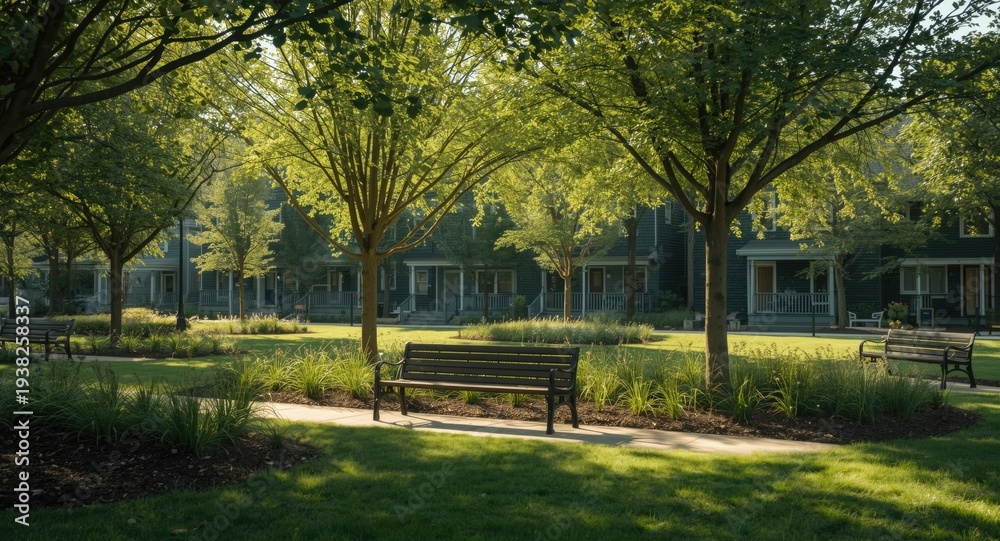 Fototapeta premium City park area with growing trees, comfortable bench seating, and eco conscious green homes