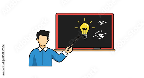 Man standing in front of blackboard with lightbulb drawing and pointing stick