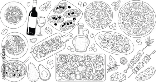 Italian Food Hand Drawn Illustration Set with Pizza Pasta Wine Seafood Bread and Mediterranean Cuisine Vector Collection